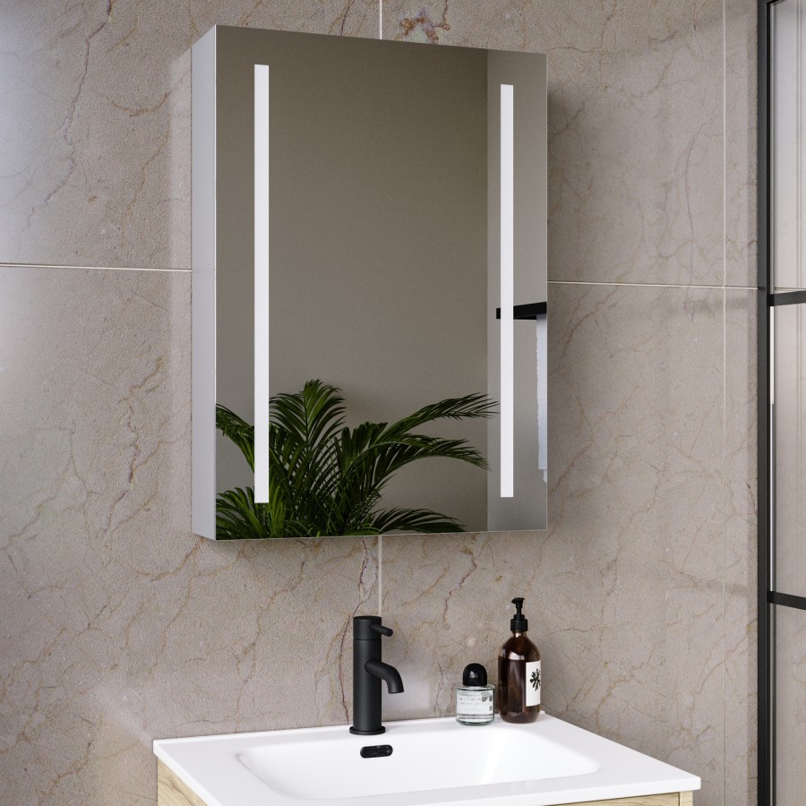 Single Door Chrome Bathroom Mirror Cabinet with Battery Operated Lights 500 x 700mm - Capricorn